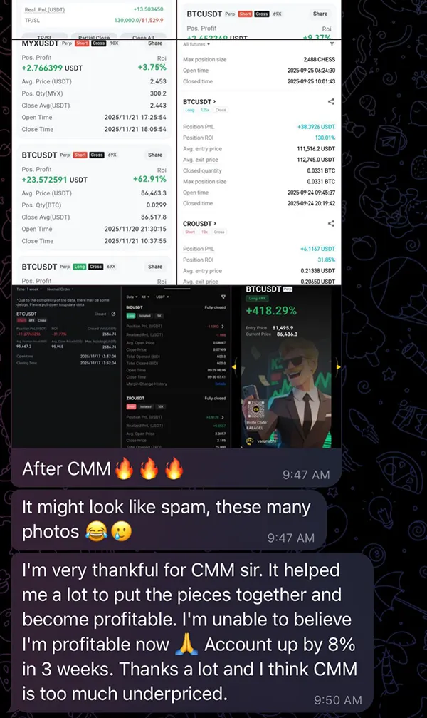 Crypto Mastery student showing account up 8 percent in 3 weeks with multiple profitable trades