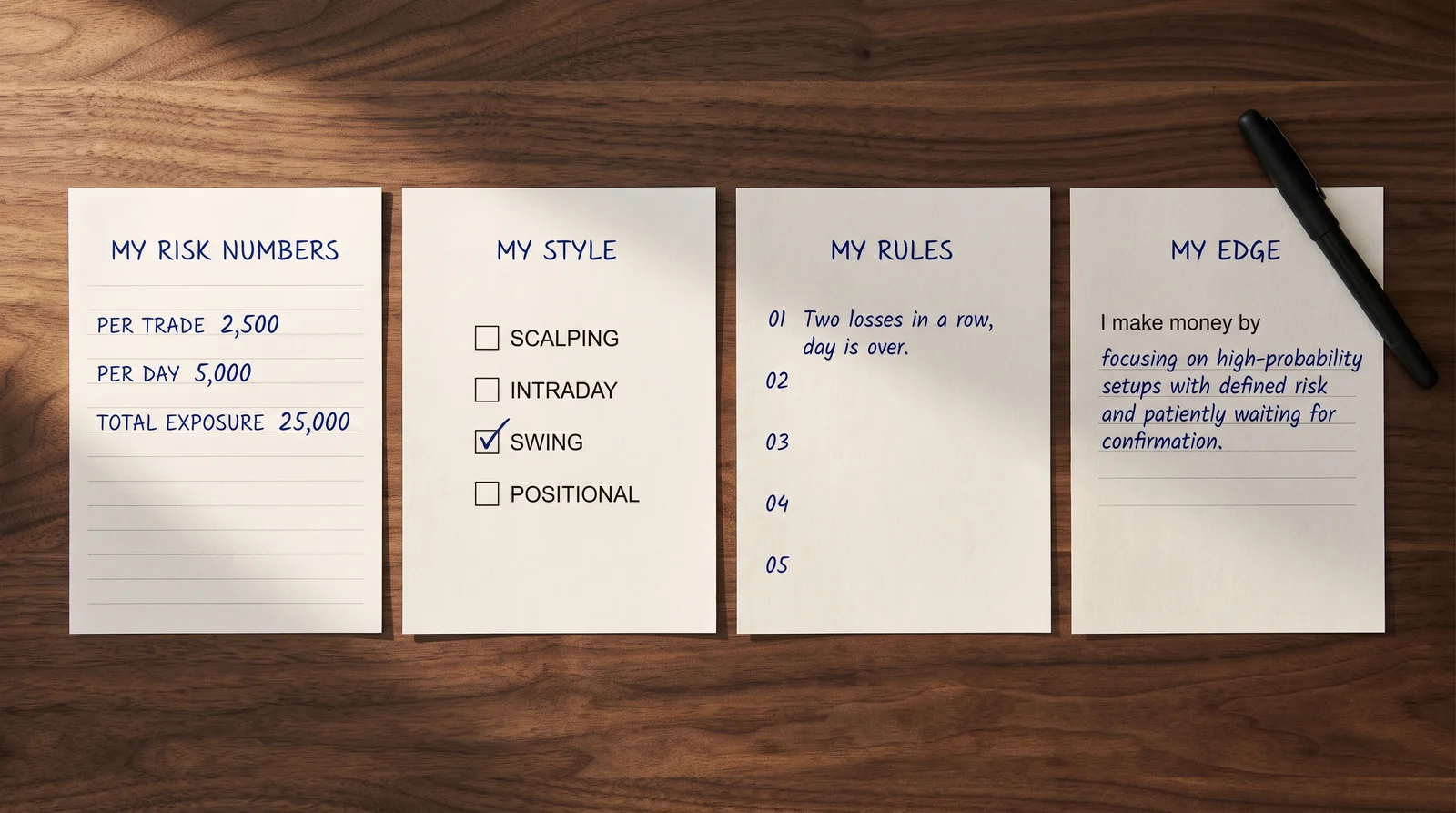 The four finished playbook documents laid out on a desk: risk numbers, style profile, rulebook and edge document, each filled in by hand